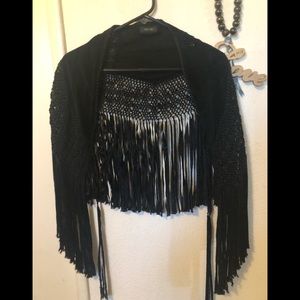 Tezari one size shawl suede leather black fringe